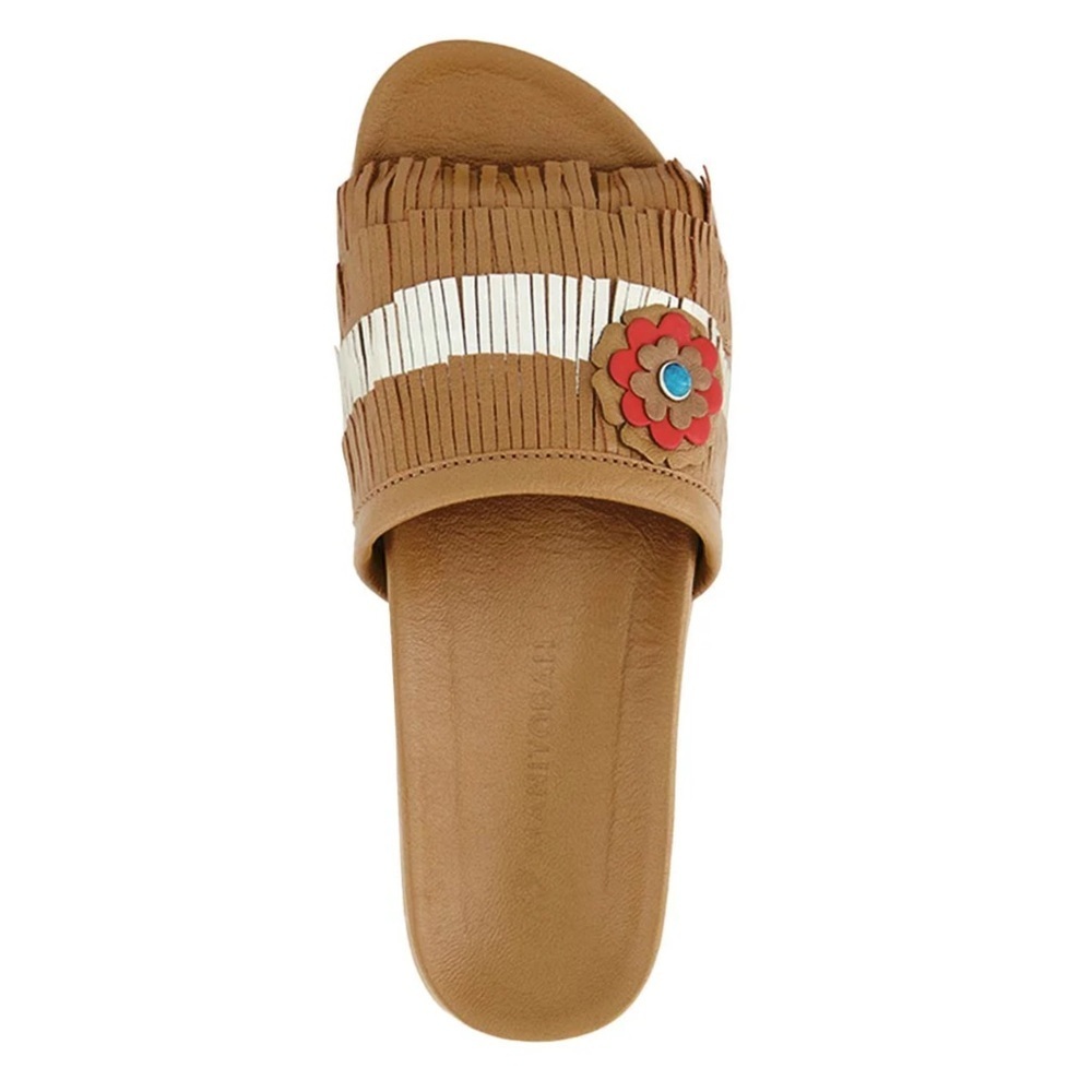 BearPaw Tan Slide Mules with White Stripe and Red Floral Accent